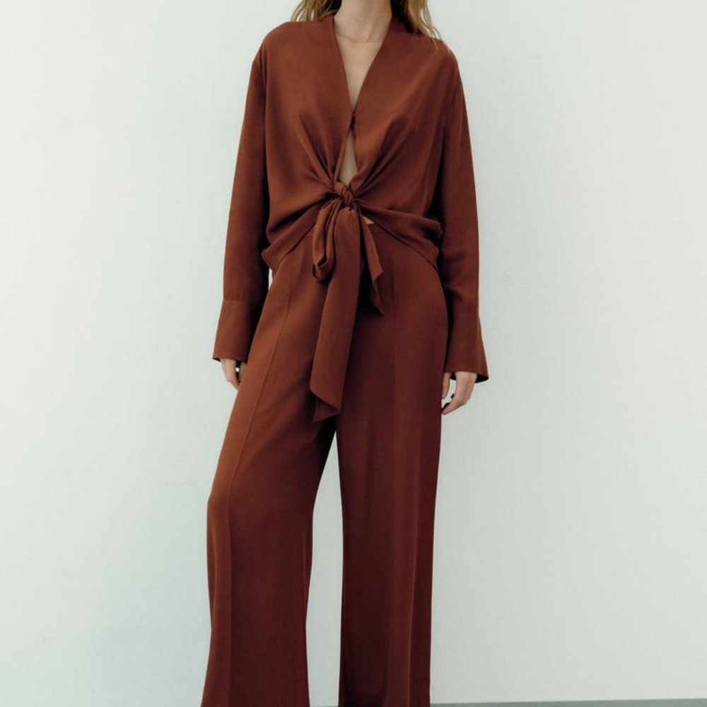 NWT ZARA MULTI-POSITIONAL ASYMMETRIC BLOUSE & FLOWY PANTS SET S $140